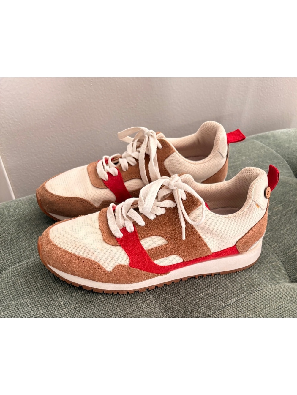 Faguo Men's Beige and Brown Suede Sneakers with Red Accents Size 9